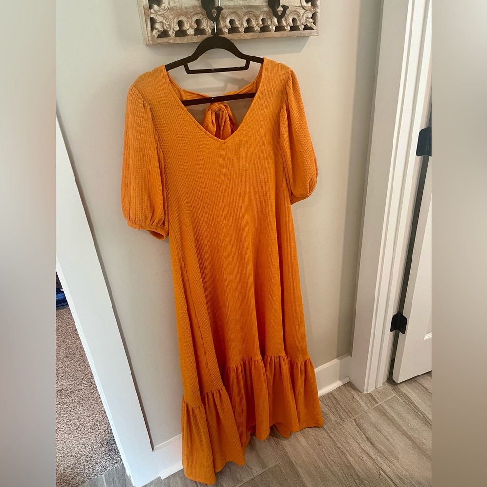 Gibson Latimer Women's Dress Orange Maxi Flowy Bow Detail Puff Sleeve